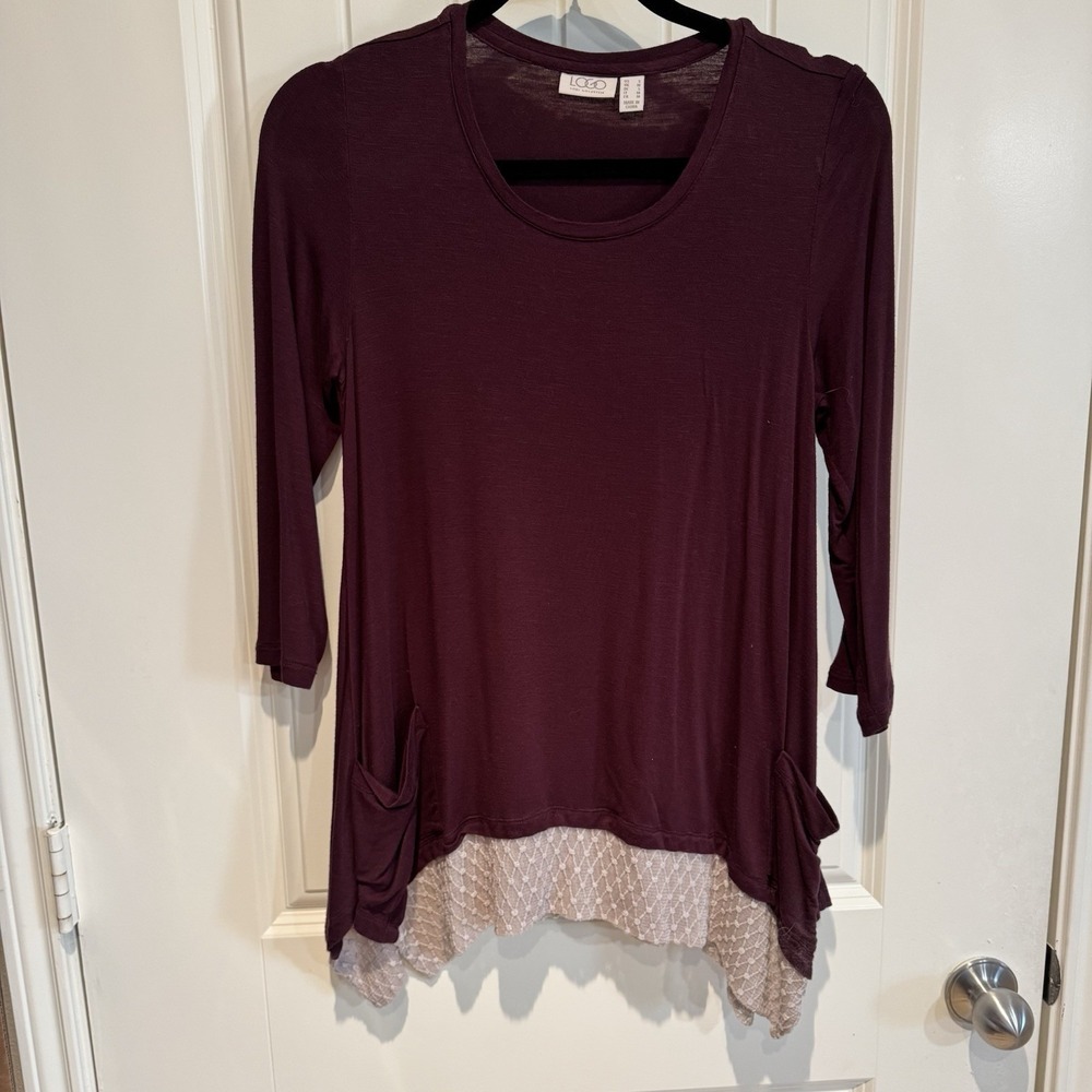 Logo by Lori Goldstein 3/4 Sleeve Tunic Top Lace Hem Burgundy Women's‎ Small